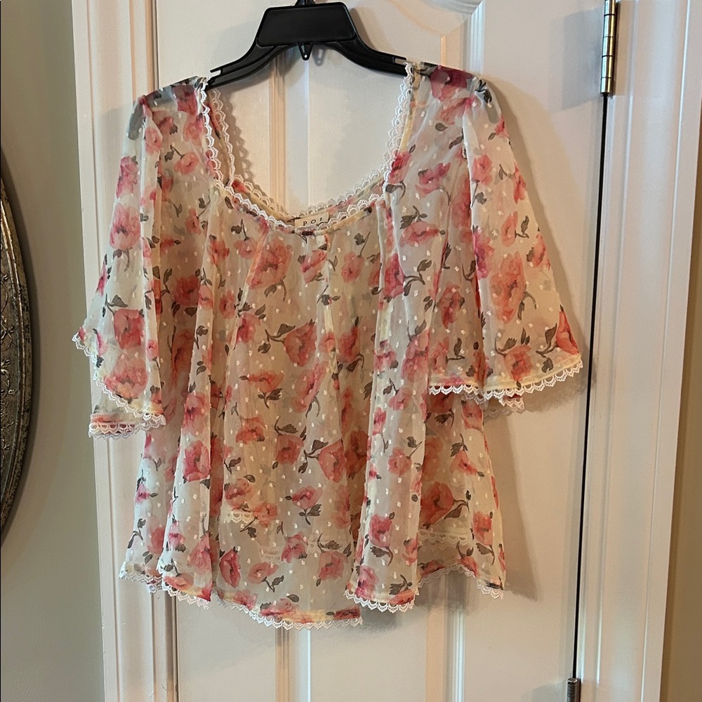 POL Floral Sheer Blouse with Lace Accents